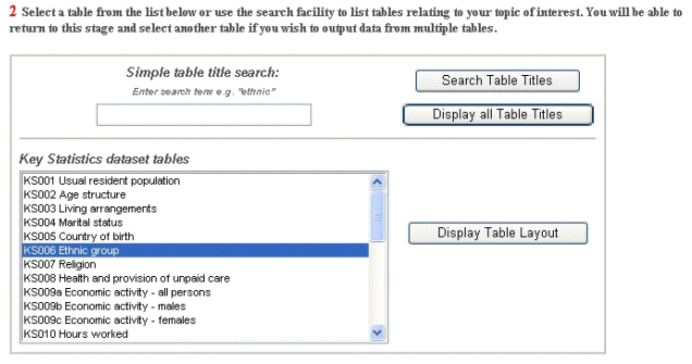 Screen dump from Casweb showing table selection facility